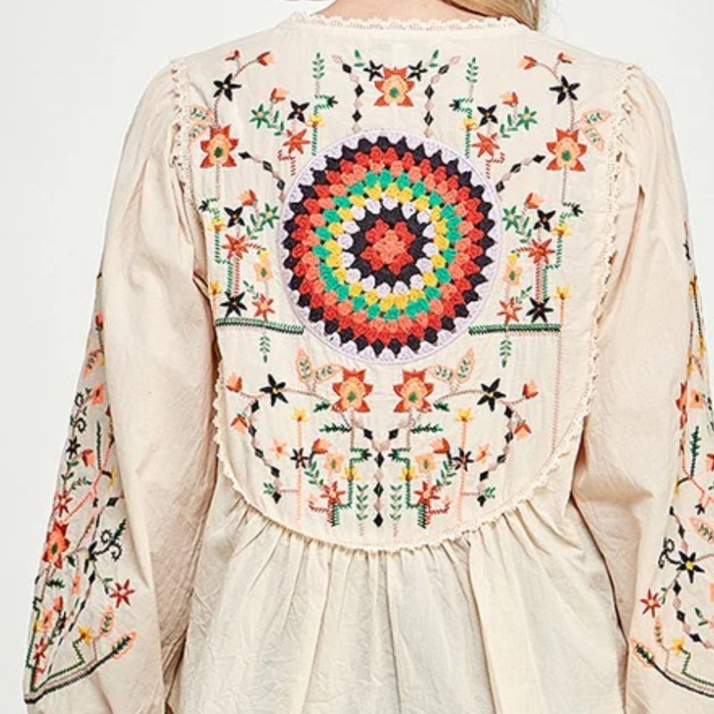 See and Be Seen Cotton Open Front Blouse Embroidered‎ With Tassels